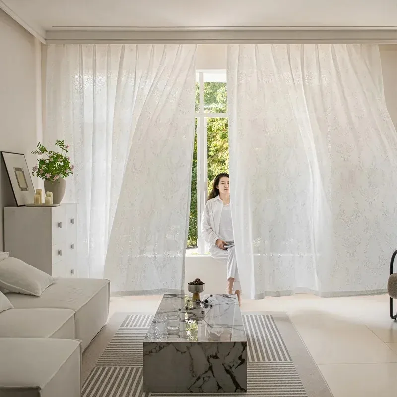 

Custom Size Luxury Cashmere Embossed Window Screen Living Room Curtains for Living Dining Room Bedroom Transparent White Tulle
