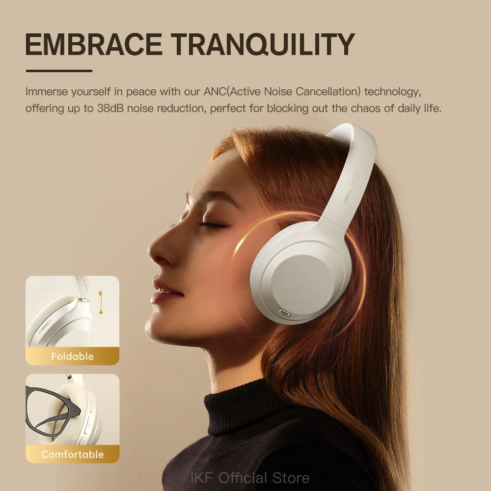 iKF T1 Max Active Noise Cancelling Wireless/Wired Headphones Over Ear, 100H Playtime Foldable Headsets for Airplane/Home/Office