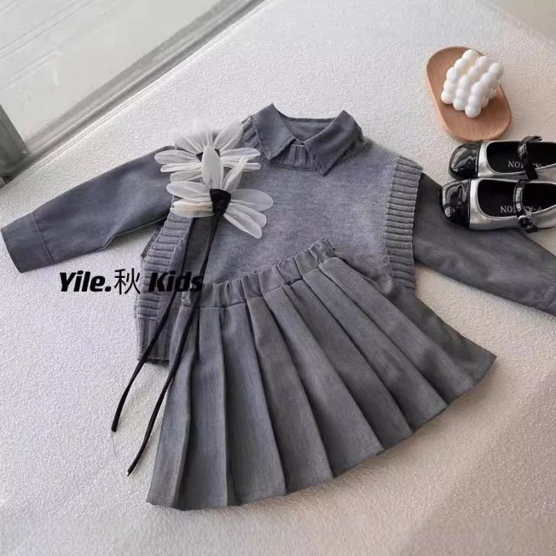 

Children's Set New Autumn Winter Girls' Long Sleeve Shirt+Short Skirt+Children's Sweater Vest Three-Piece Set