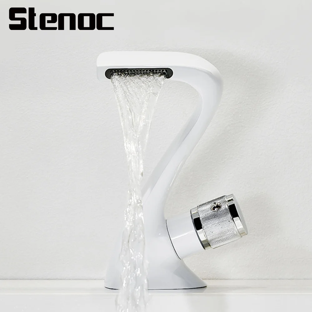 Stenoc Bathroom White Waterfall Faucet Brass Single Handle Mixer Tap Hot Cold Water Single Hole Sink Mixer Crane Deck Mounted