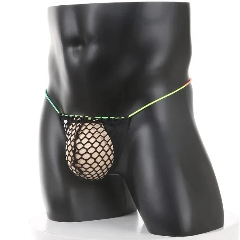 Fishnet Sexy Underwear Mens Bugle Pouch Thongs Rainbow Strap Slim Man Bikini T-panties Low Waist Breathable Male Lingerie Tanga
