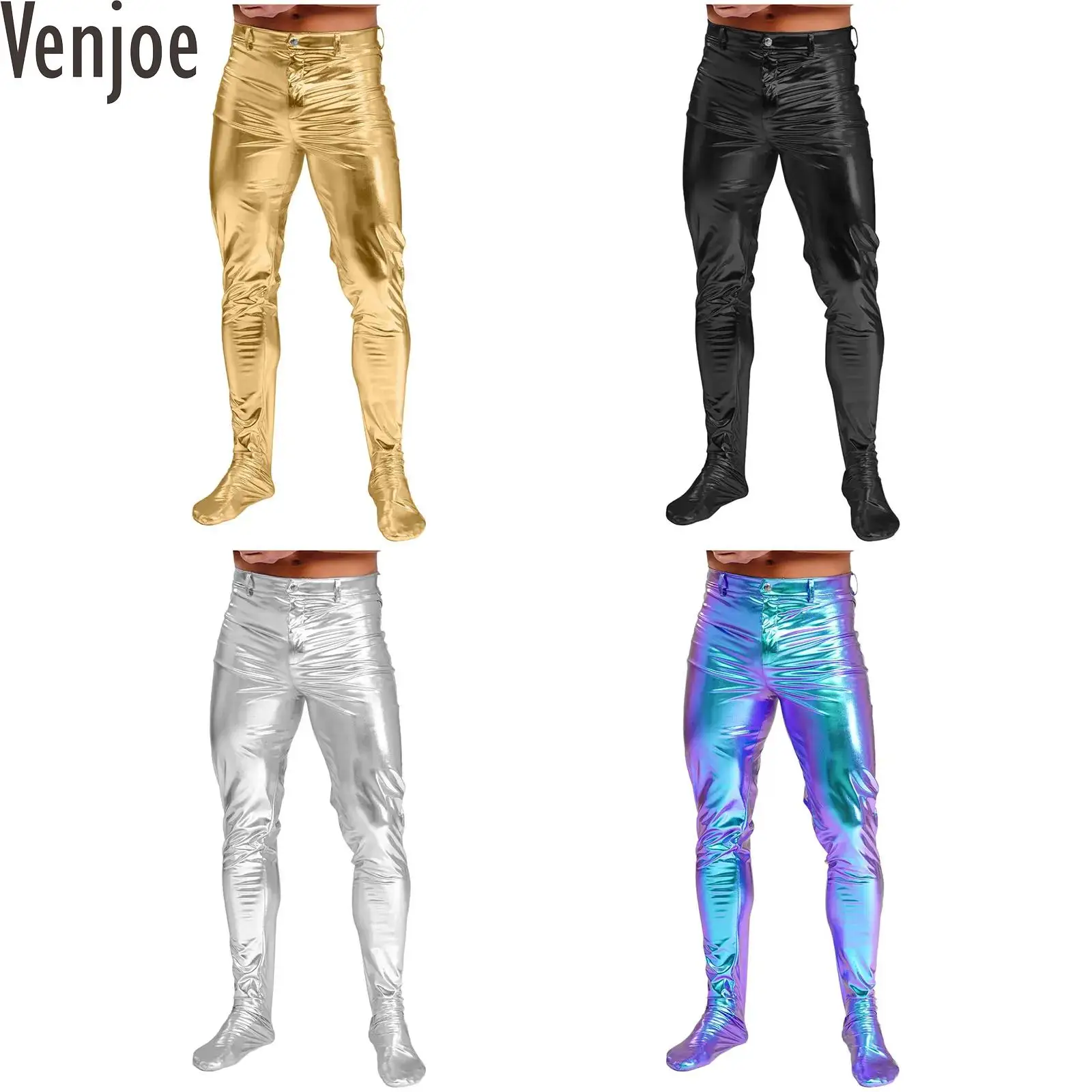 Męskie błyszczące metaliczne rajstopy obcisłe obcisłe spodnie długie spodnie PU taniec legginsy uciskowe strój do klubu nocnego