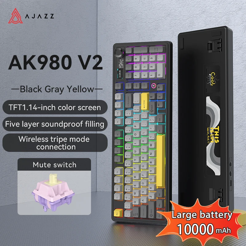 AJAZZ AK980 V2 PRO 98 Layout Gasket Mechanisch Toetsenbord, 10000mAh Lange Batterijduur, Full-key Hot-swap, TFT Display & Knop, 8K Polling Rate, RGB Verlicht Gaming Toetsenbord