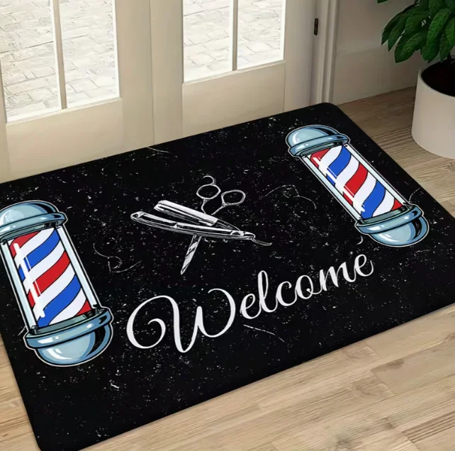 Barber Shop Signboard with Red Striped Welcome Door Mats Bedrooms Kitchens Dining Rooms Floor Mats and Holiday Decorations