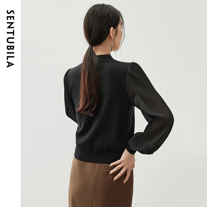 SENTUBILA Patchwork Puff Sleeve Knitted Sweater Pullover Women 2024 Autumn Chinese Style Elegant Tops Female Knitwear 743H56075