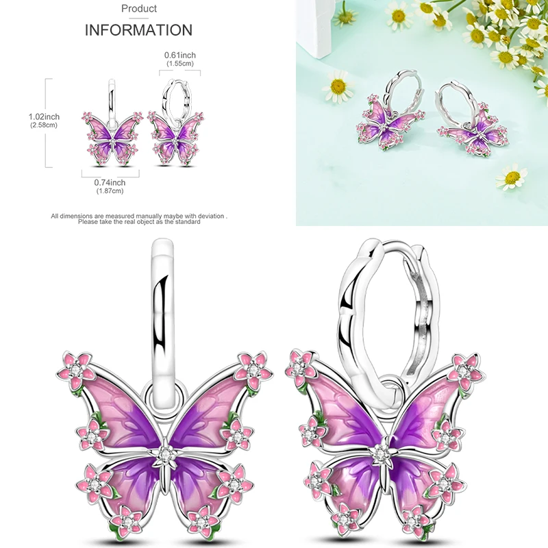 925 Sterling Silber Creolen Schmetterling Regenbogen Blume Tulpe Iris Lila Hängeohrringe Schmuck Geschenk für Frauen Mädchen – Detail 20