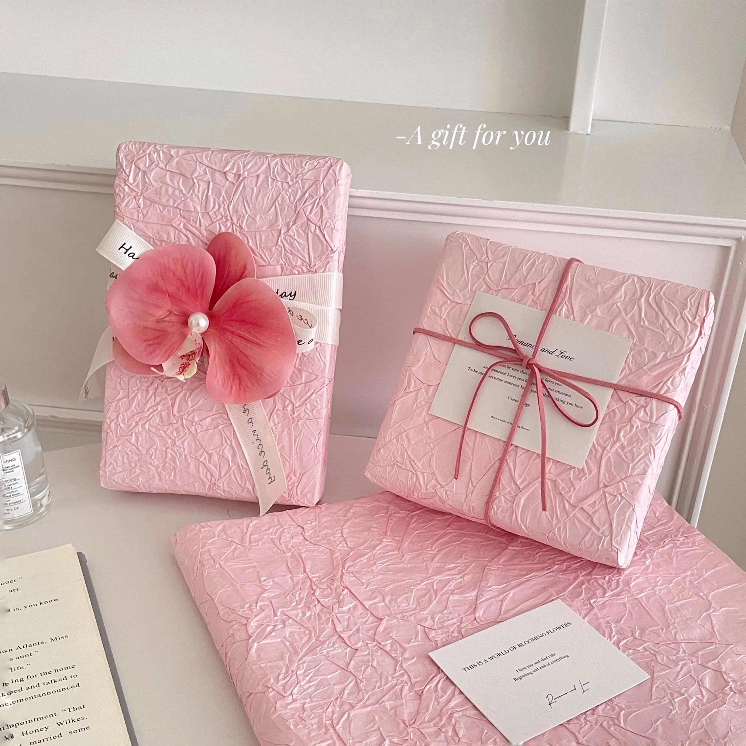 ورق تغليف الهدايا الورقية المنقوشة باللون الوردي، ورق مناديل عتيق لتغليف صندوق الهدايا، مواد تغليف زخرفية ذاتية الصنع