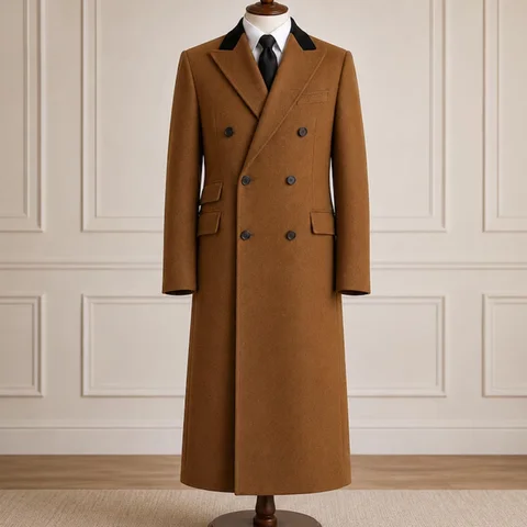 Daily Woolen Camel Men Coat Peak Lapel Overcoat Jacket Double Breasted Blazer Wedding Business Formal Customized