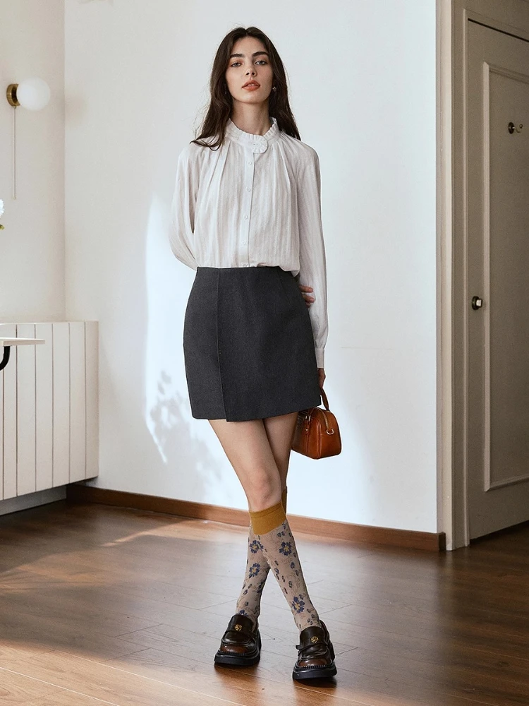 OLrain Grey French Skirt Women's A-Line Asymmetric Front Panels Seamless High Waistband Skirt 2025 Autumn Bottom O57QB000506