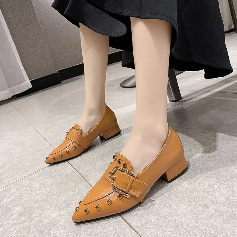 BCEBYL New Pointed Toe Square Heel Rivet Metal Decoration Sexy Women's Shoes Elegant Fashion Casual Party Comfortable Low Heels