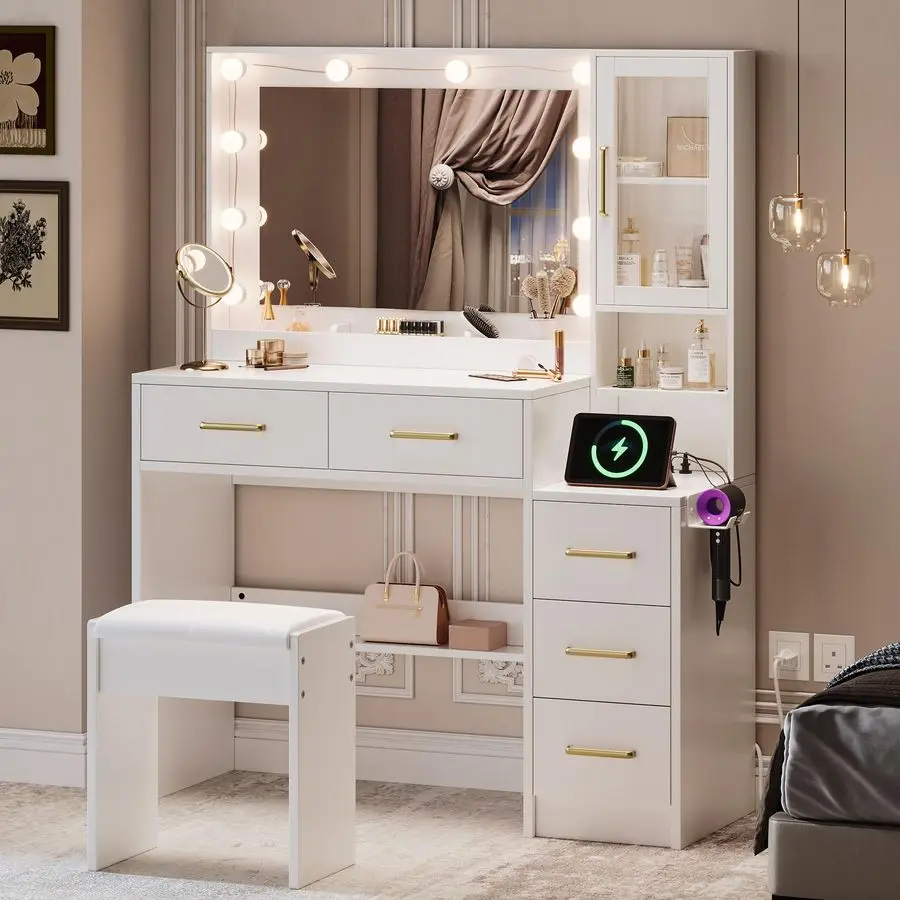

35.4 Makeup Vanity Desk with Charging Station, White Makeup Dressing Table with Mirror Lights, 3 Lighting Modes Adjustable Brig