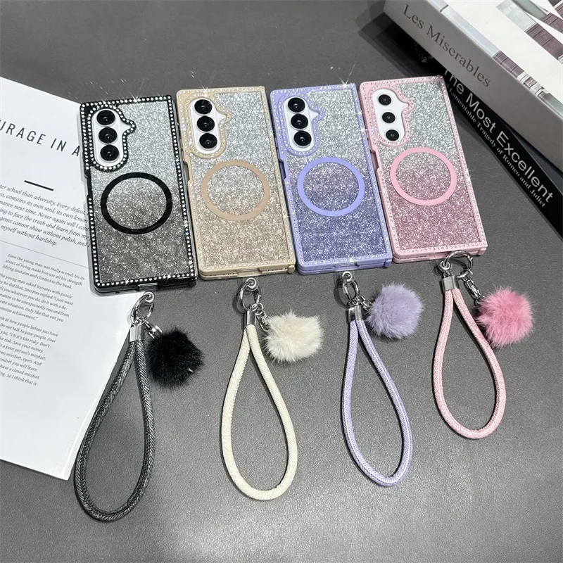 

Для Samsung Galaxy Z Fold 7, 6, 5, 4, 3, роскошный блестящий чехол со стразами и каймой, магнитный ремешок, противоударный чехол