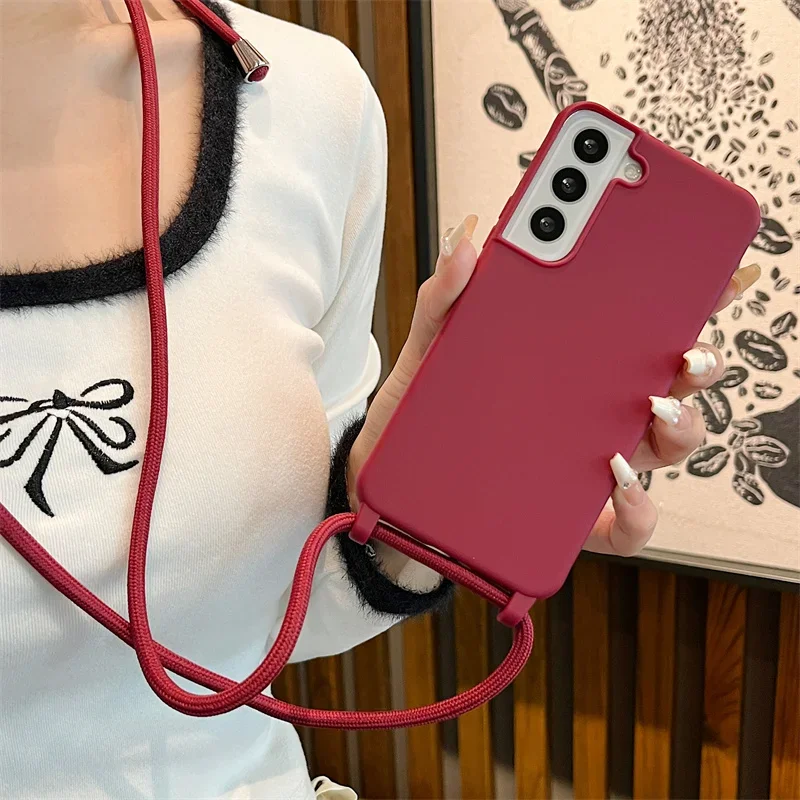 Crossbody Lanyard Strap Case For Samsung Galaxy S24 S23 S22 S21 Plus Note 20 Ultra S20 FE Solid Color Silicone Soft Back Cover