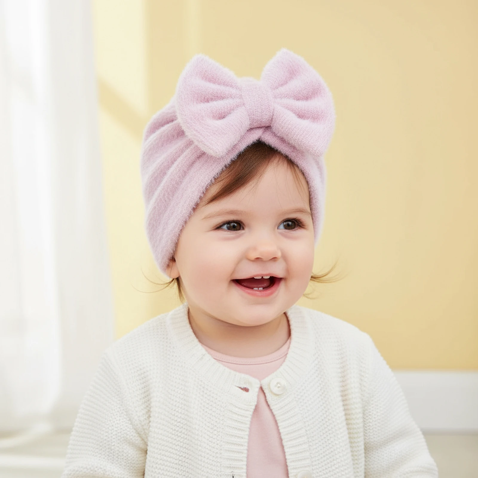 Suefunskry الرضع طفل بنين بنات قبعة عمامة شتاء دافئ فو الفراء قبعة بونيه قبعة المستشفى الوليد مع Bowknot