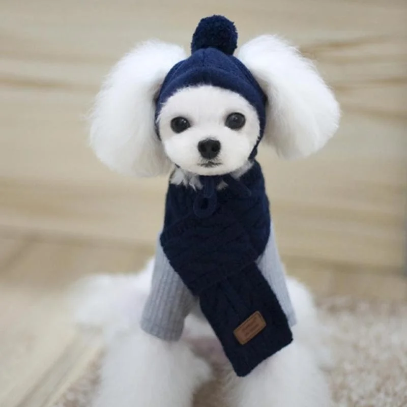 Dogs Hat Pet Winter Warm Stripes Knitted Hat+Scarf Collar Puppy Teddy Costume Christmas Clothes Santa Dog Costumes Accessories