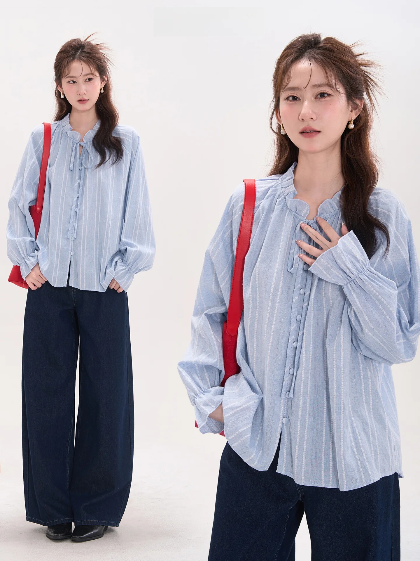 

Heme Fireworks Stripe Ruffle Trim V-Ne Tie Women's Long Sve irt Spring Autumn Casual Cotton Commute Sle Loose Fit