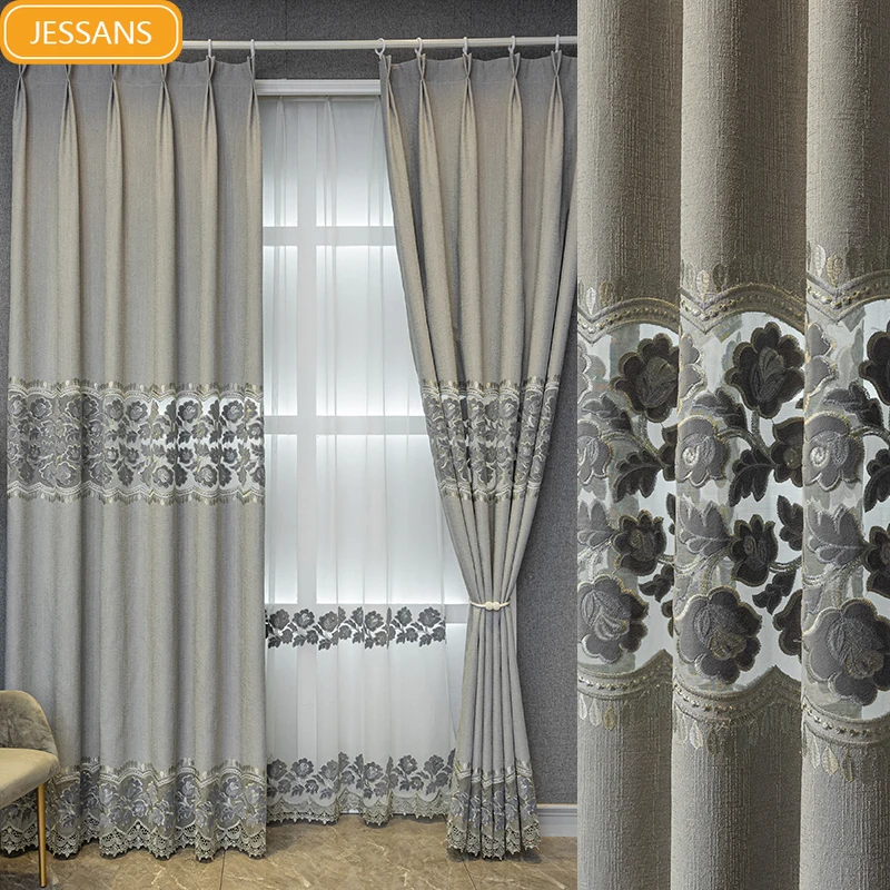 Grey Cotton and Linen Hollowed Out Water-soluble Embroidered Window Screen Jacquard Curtains for Living Room Bedroom Balcony