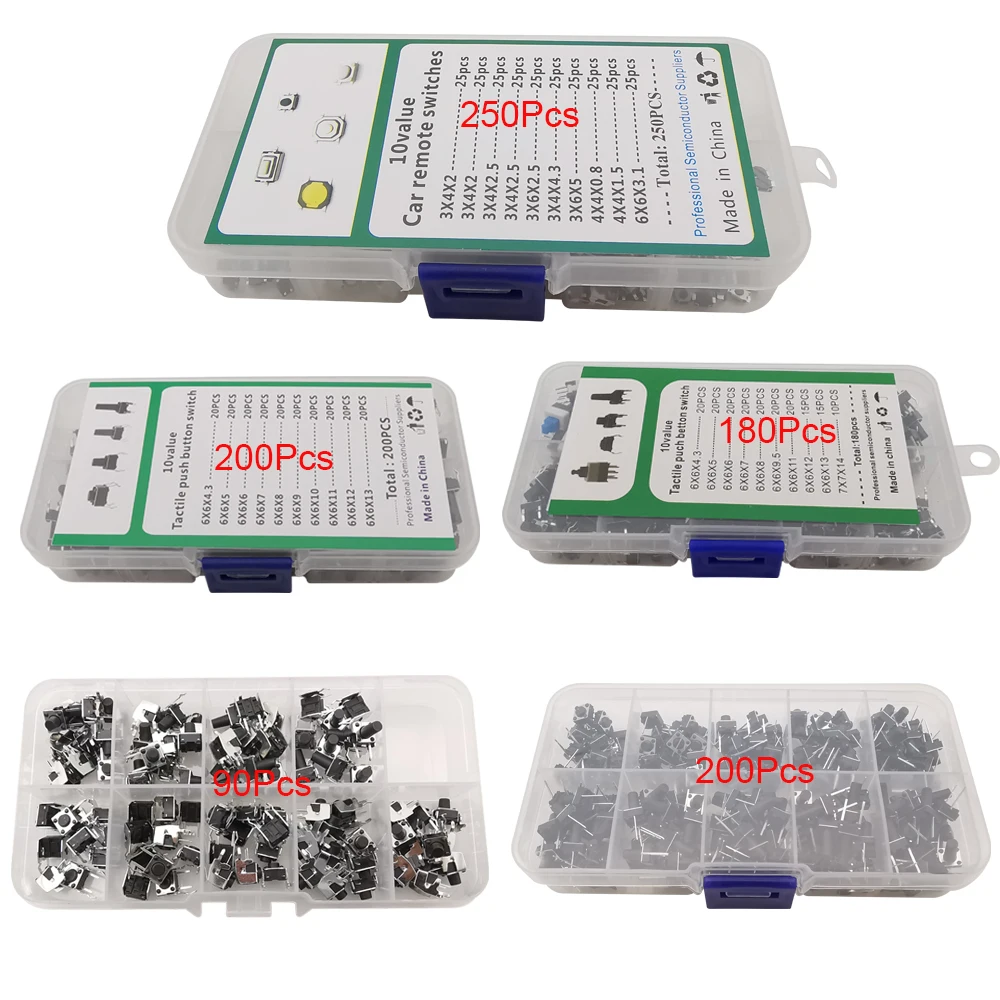200/250Pcs 6x6mm Micro Push Tact Switch Kit SMD Micro Tactile Push Button Switch Accessories 2Pin 4Pin DIP Tactile Push Button