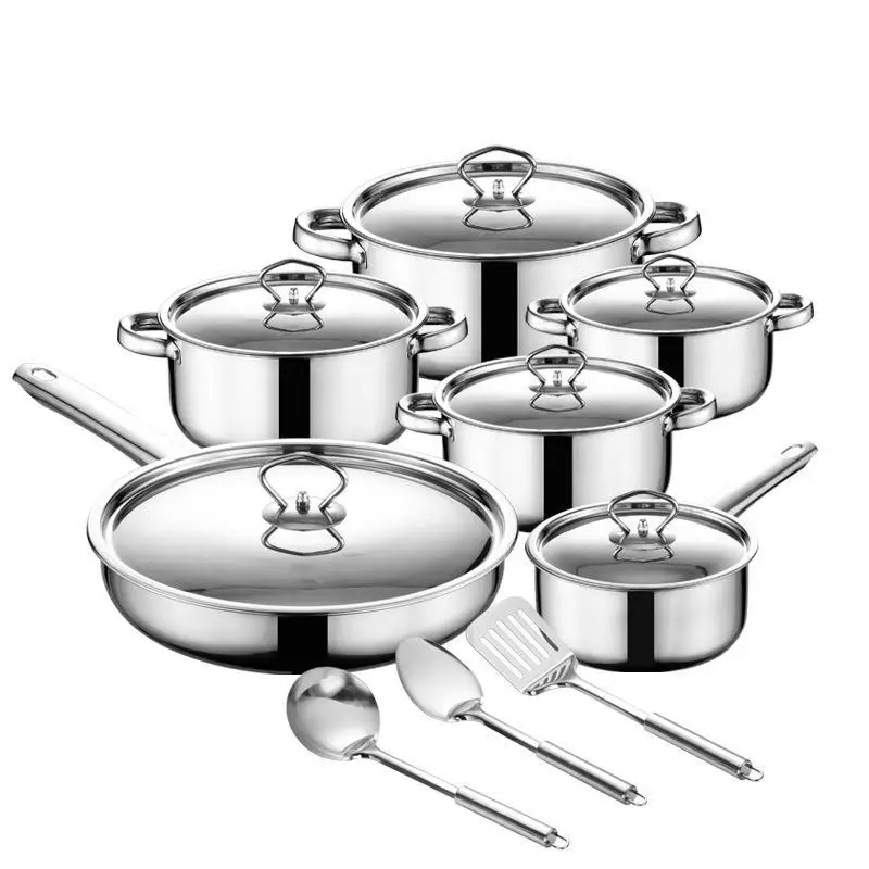 Export Double Ear Stainless Steel Pot Set 15PCS Cookware Sets Soup Pot With Shovel Spoon