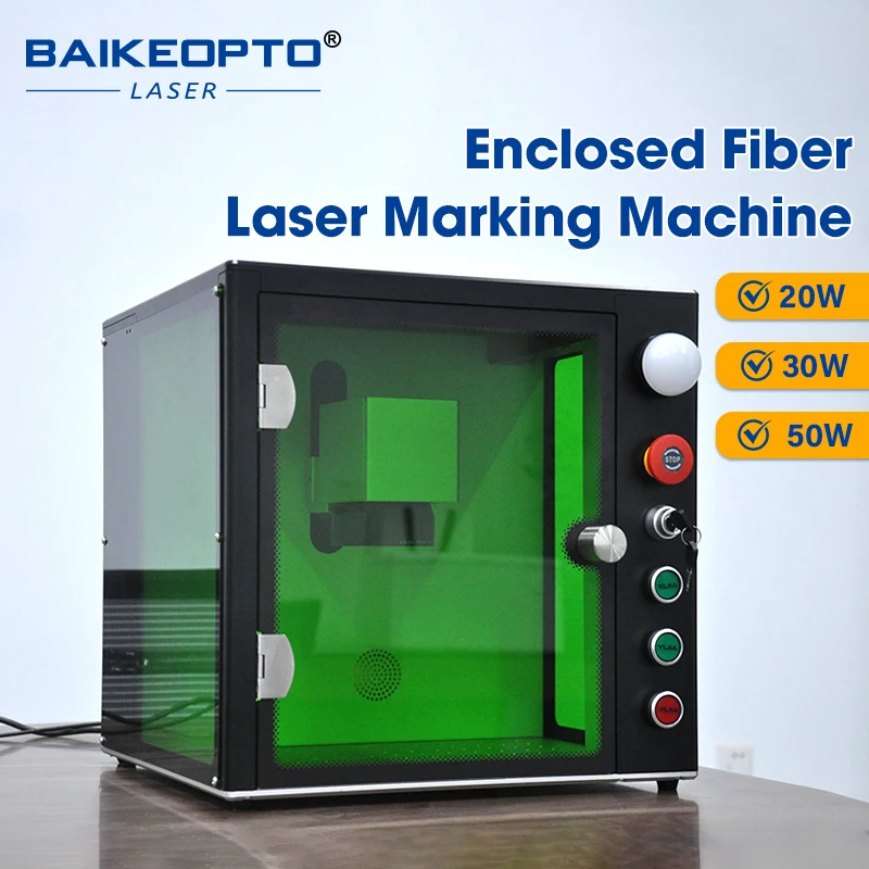 BAIKEOPTO Enclosed Fiber Laser Marking Machine 20W 30W 50W Desktop Closed Laser Engraver for Jewelry Metal Stainless Steel Gold