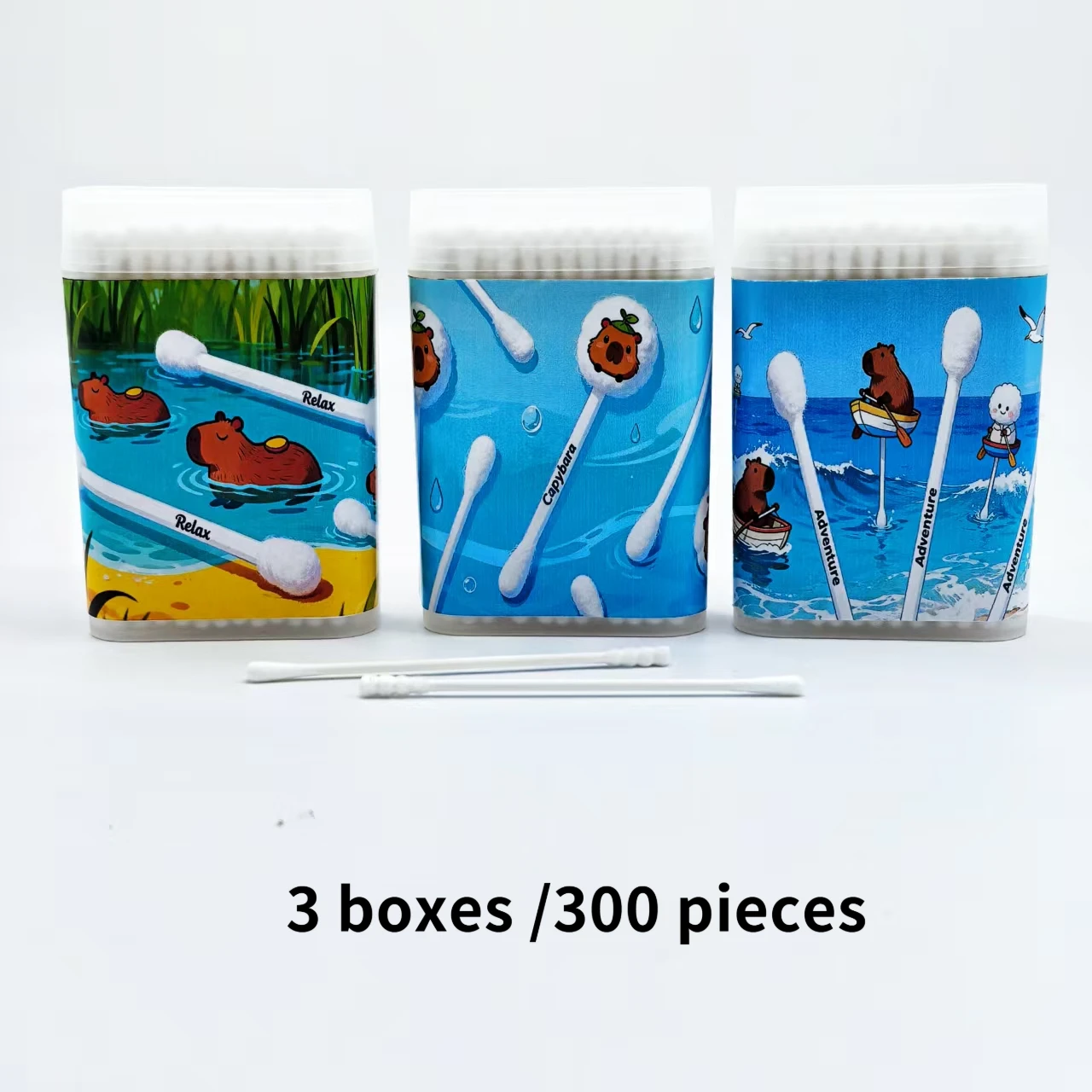 Tamponi di cotone a doppia testa con elemento Kapipbala da 300 pezzi con teste a spirale e teste rotonde e aste fini