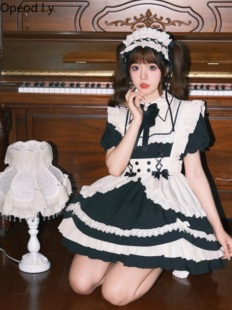 

Japanese Original Ancient Sense Maid Dress Lolita Dress Sweet Cute Girl Black and White Detachable Long Sleeve Lolita Dress
