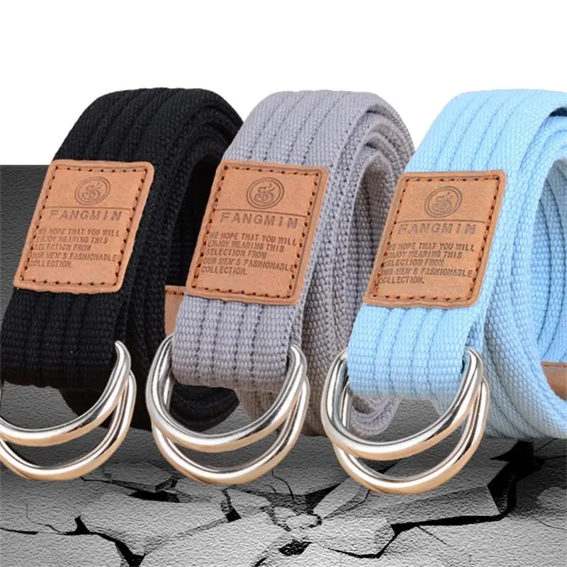 Solid Color Canvas Unisex Belt Alloy Double Ring Buckle Multicolor Woven Women's Belt Campus Youth Boy Girl Waistband Wholesale