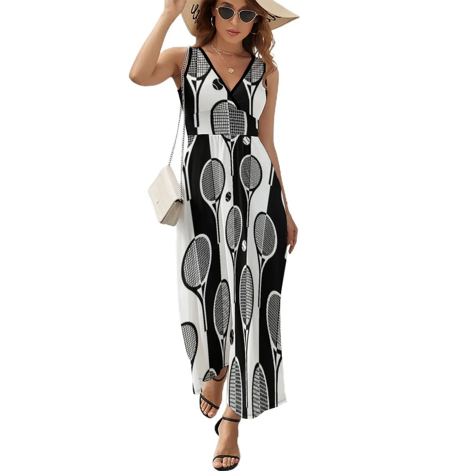 

Black and white Tennis rackets on stripy background Sleeveless Dress Party dresses Dress for girls woman dress