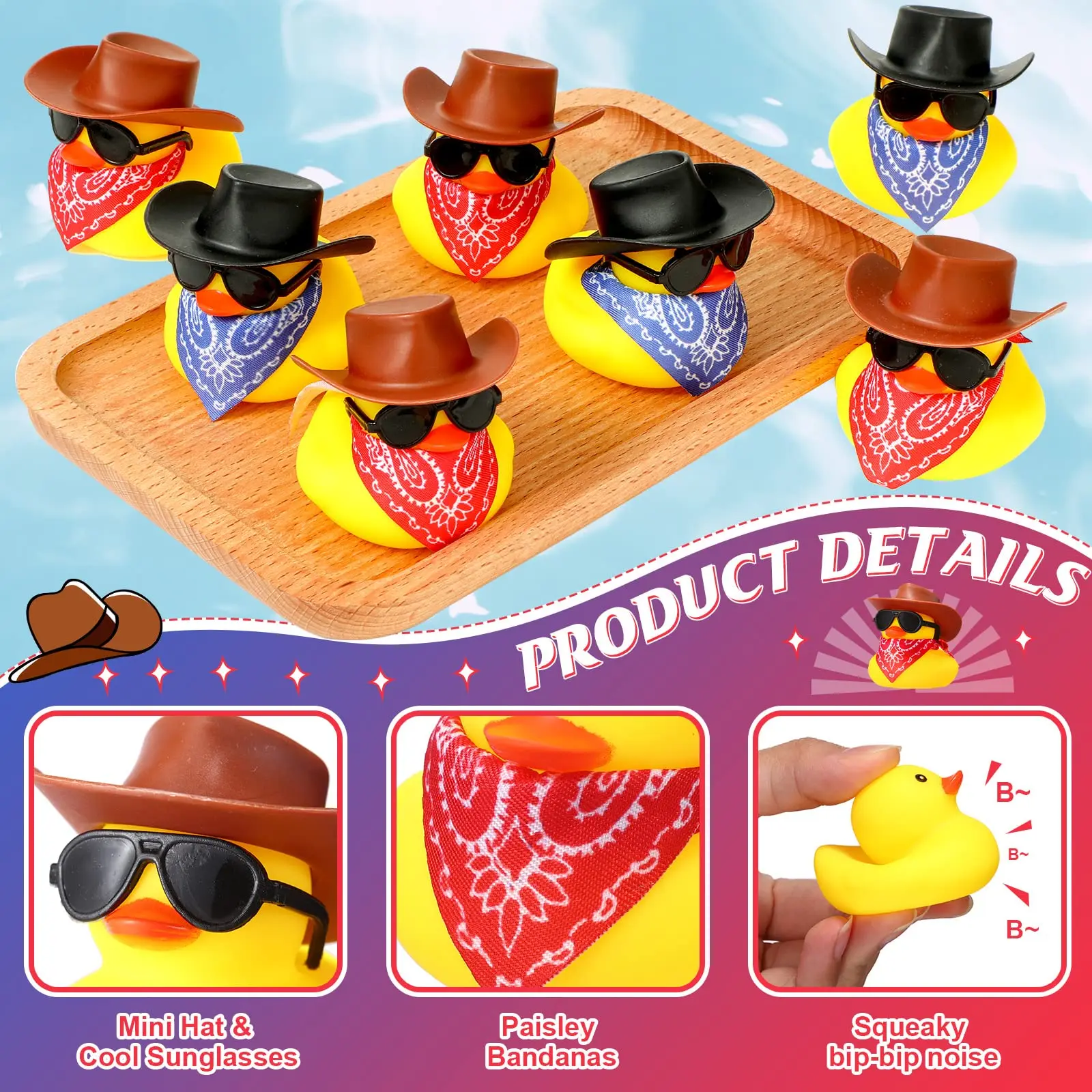 Pato de goma vaquero con lindo Mini sombrero de vaquero, bufanda y gafas de sol, Mini pato de goma de baño, accesorios de bañera pequeños de juguete, 48 juegos