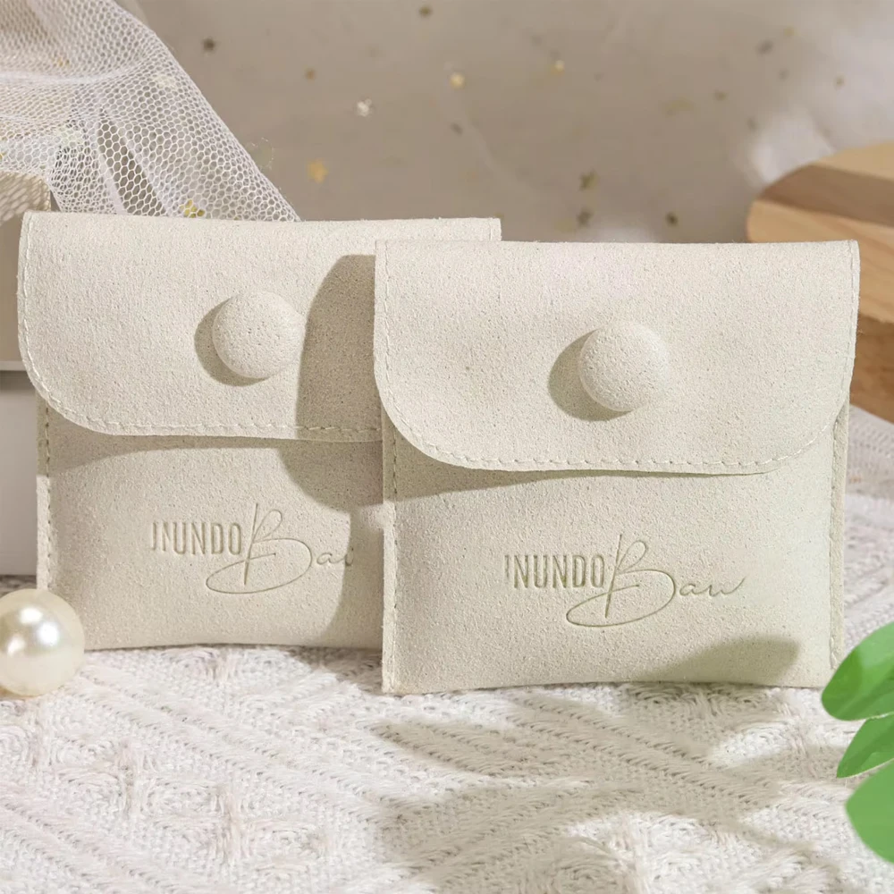 

New Luxury Custom Logo Small Beige Jewelry Bag Velvet Microfiber Button Pouches Wedding Gift Candy Earrings Rings Storage Pocket