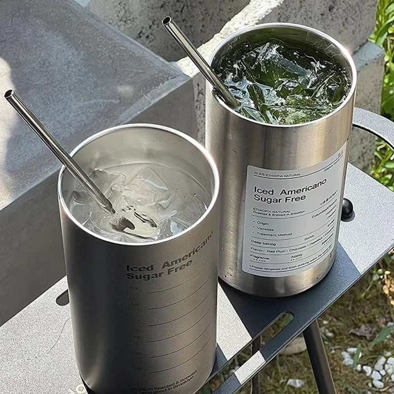 زجاجة مياه من الفولاذ المقاوم للصدأ كوب قهوة مبرد حراري كوب بقشة محمول Ins Ice American Coffee Cup زجاجة مياه حرارية #2