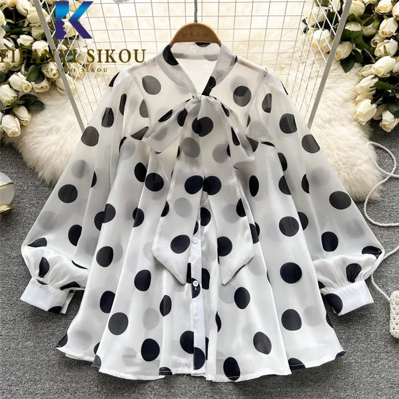 

Polka Dot Print Shirt Women 2022 Spring Loose Long Sleeve Fashion Bow Chiffon Shirts Elegant Casual Womens tops and Blouses