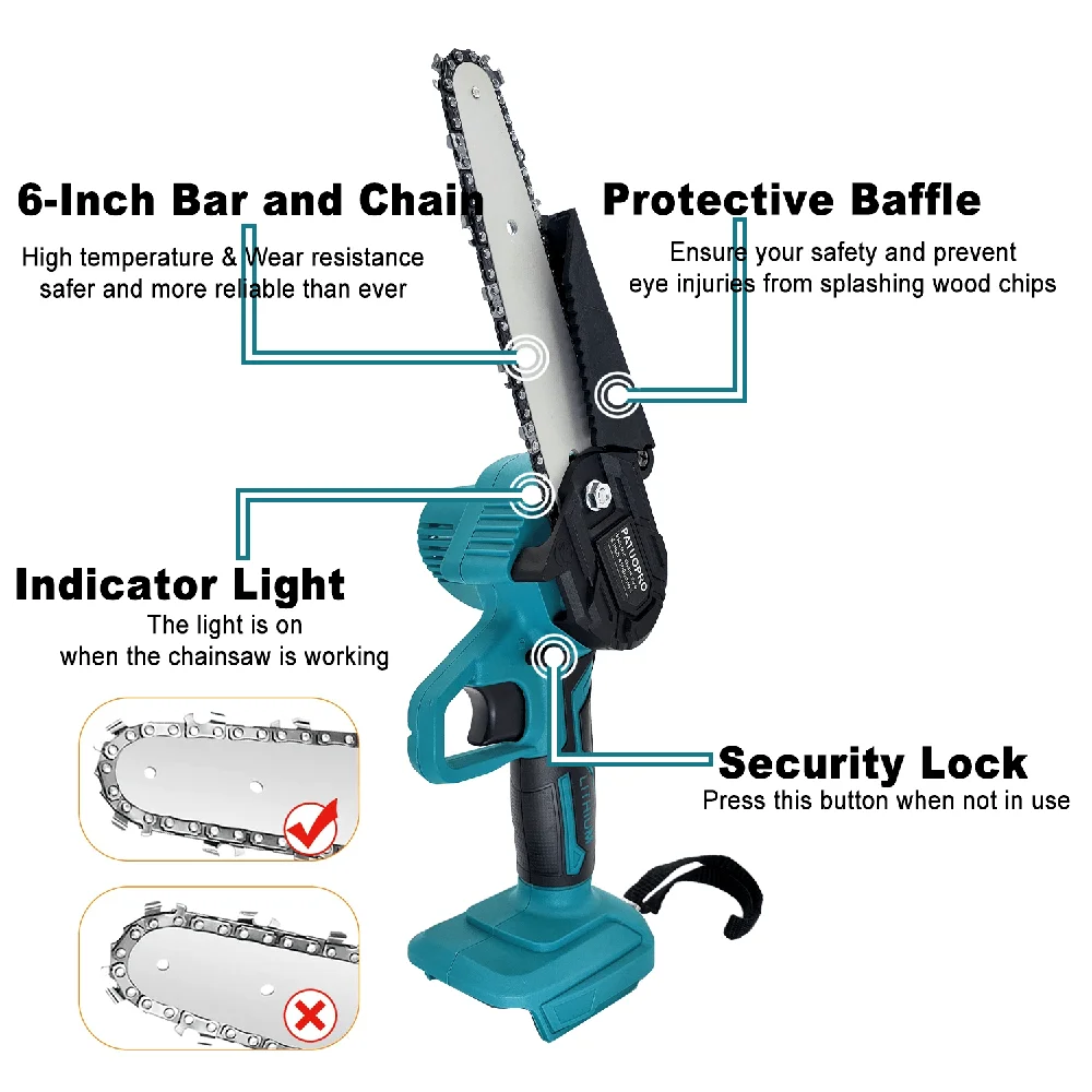 Mini Chainsaw 6 Inch Cordless Handheld Chain Saw for Wood Cutting Tree Trimming Fit Makita 18v Battery (Without Battery)