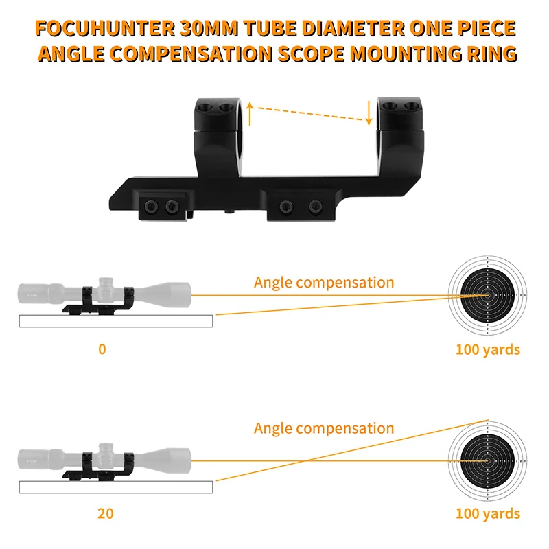FOCUHUNTER Angle Compensation Scope Mounting Ring 30mm Tube Diameter One-piece Offset Cantilever Tactical Flashlight Mount Scope