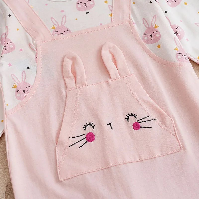 Spring and Autumn Newborn Bodysuit Cute Rabbit Full Print Fake Two Piece Strap Pants Girl Baby Bodysuit Long sleeved Pure Cotton