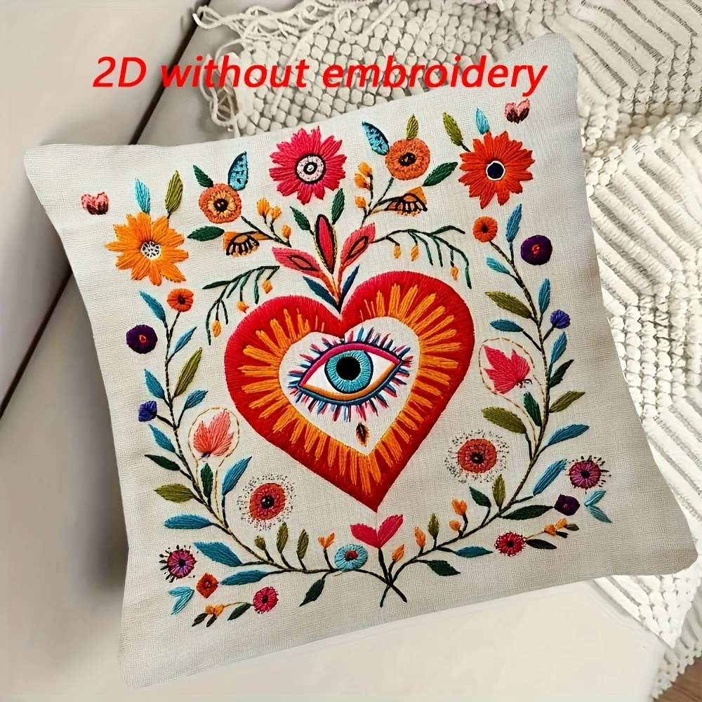 2D flat- Boho Evil Eye Heart Floral Throw Pillow Cover, Mexican Folk Style Decorative Cushion Case for Sofa Bedroom Living Room