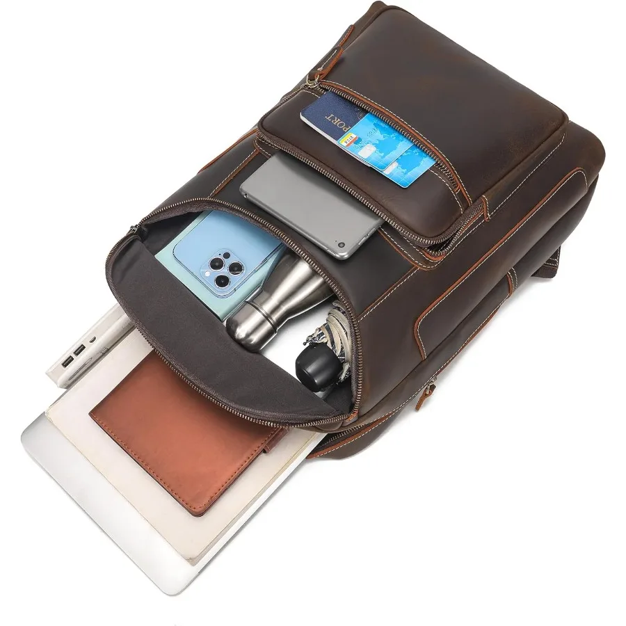 حقيبة ظهر من الجلد المحبب بالكامل من LANNSYNE للرجال مقاس 17 بوصة حقيبة ظهر للكمبيوتر المحمول كاجوال للعمل في الهواء الطلق حقيبة ظهر للسفر بسحابات YKK