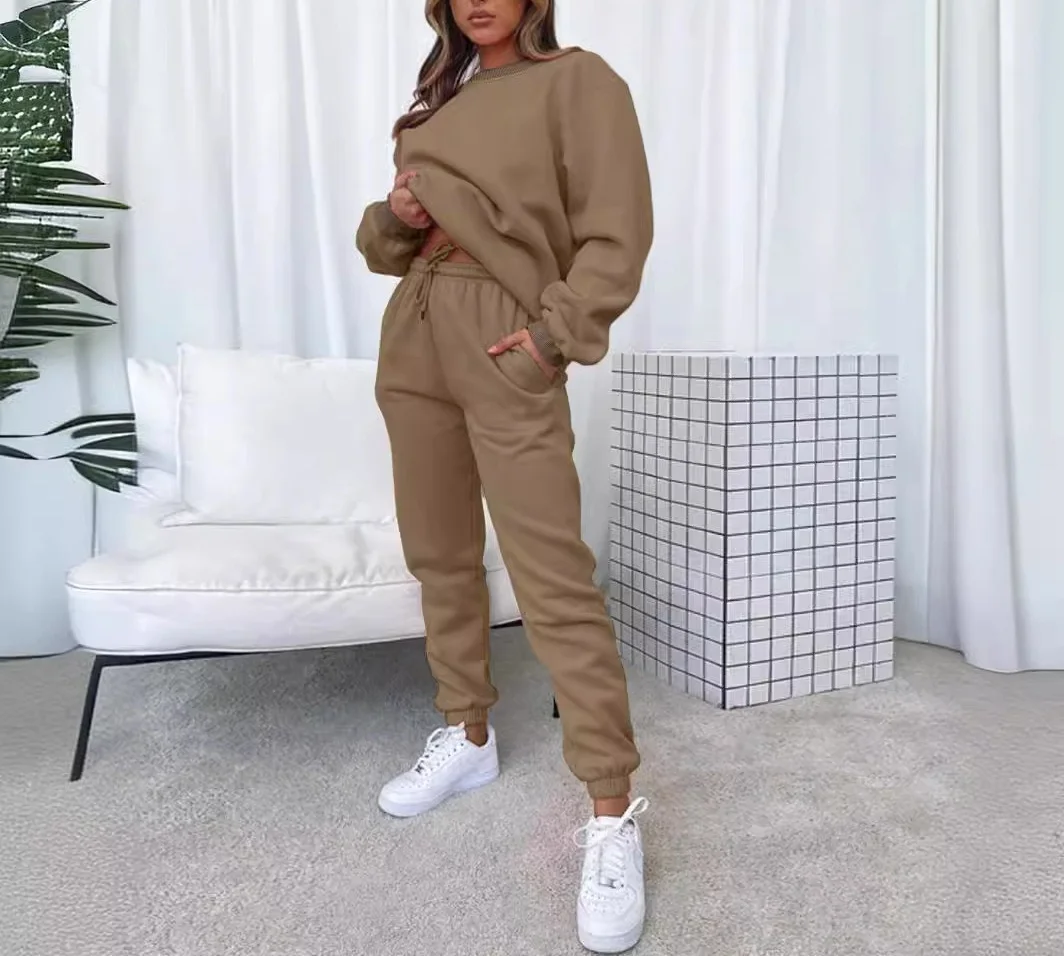 

Autumn and winter solid color round neck pullover pants, fashionable casual long sleeved sweatshirt set, new product