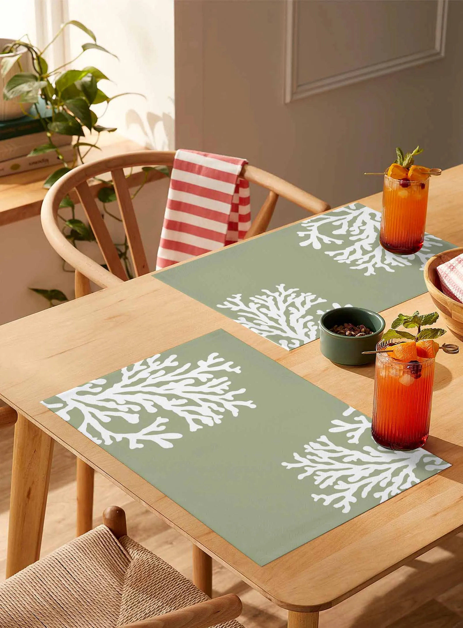 Coral Sage Green Kitchen Tableware Cup Bottle Placemat Coffee Pads 4/6pcs Desktop Mats