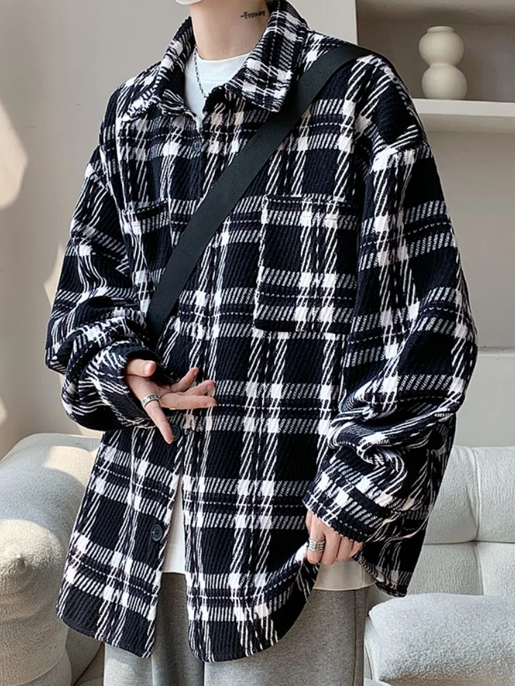 

Preppy Plaid Woolen Jaet Men's Spring Autumn Sle Casual Faionable Button Decorated Windproof Thiened Long Sve Coat