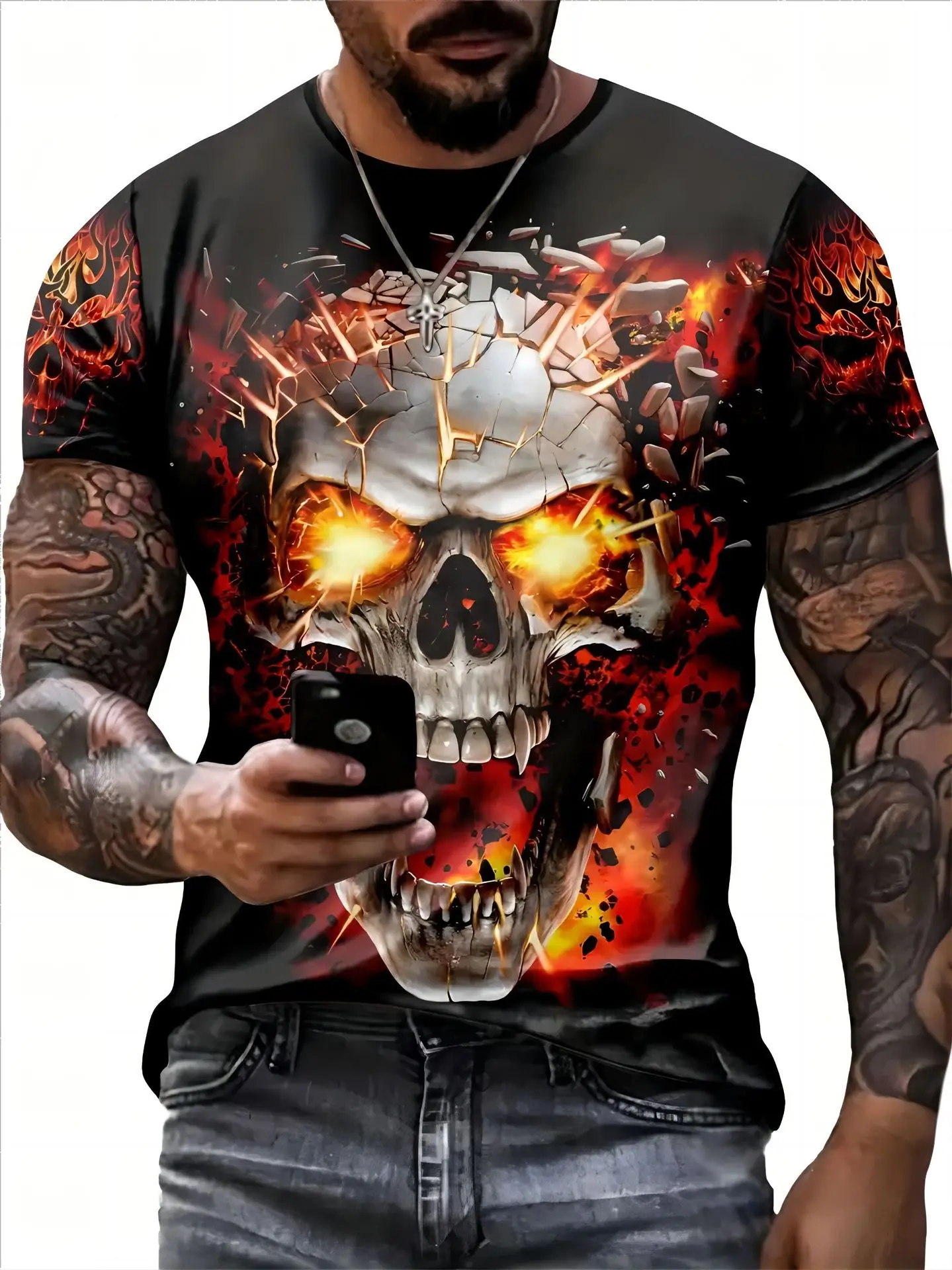 メンズ半袖Tシャツ,スカルプリント,3Dデジタル,快適,カジュアル,新品