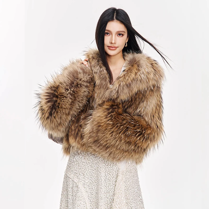 Ftangaiur Women Winter Import Raccoon Dog Fur Coat Light Color Fur Coats Turn-Down Collar Short Natural Raccoon Dog Fur Coats