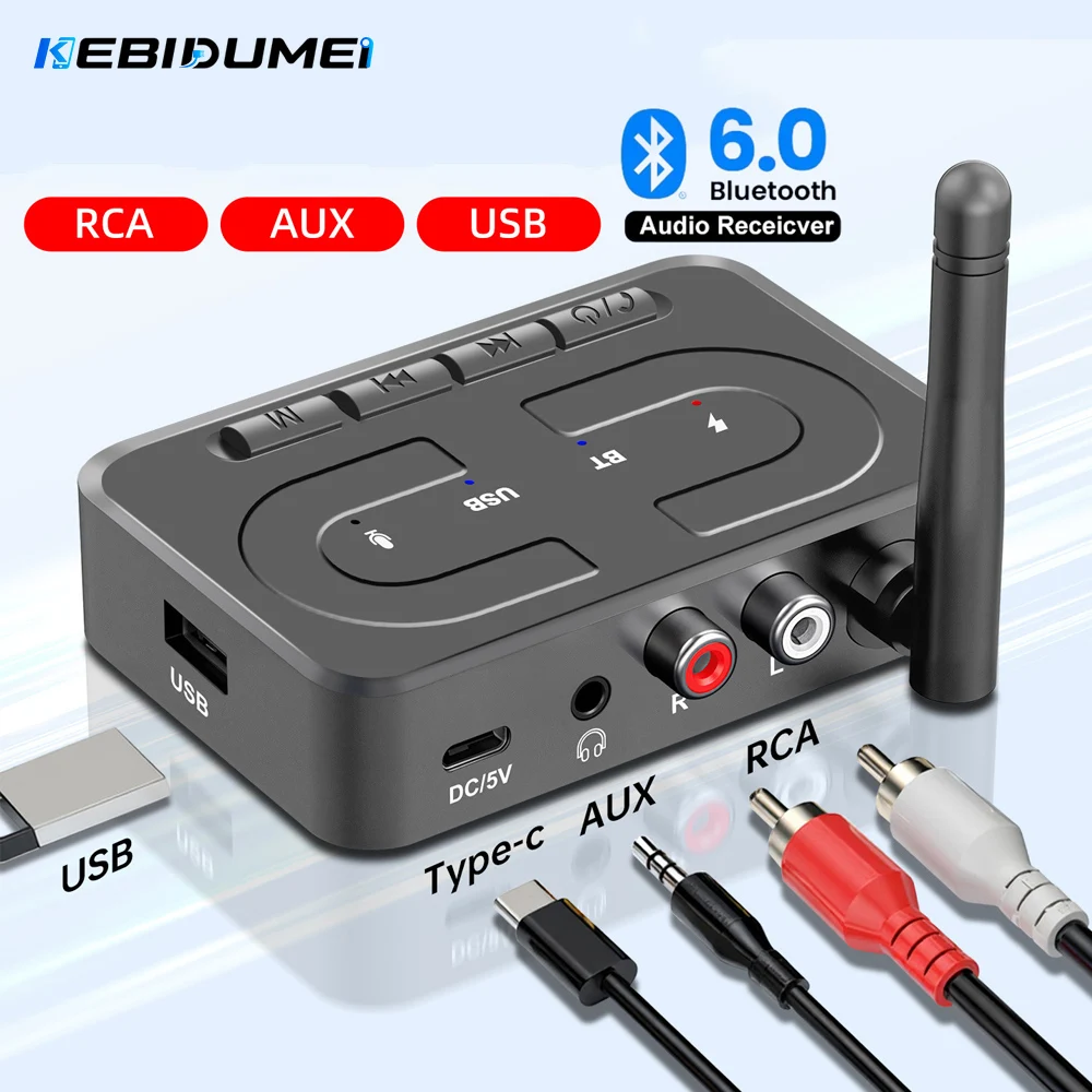 KEBIDUMEI Bluetooth 6.0 Odbiornik Audio USB U-Disk Adapter Bezprzewodowy do Muzyki z Mikrofonem HD Antena 3.5mm AUX RCA HIFI Stereo do Samochodu — zdjęcie produktu 2