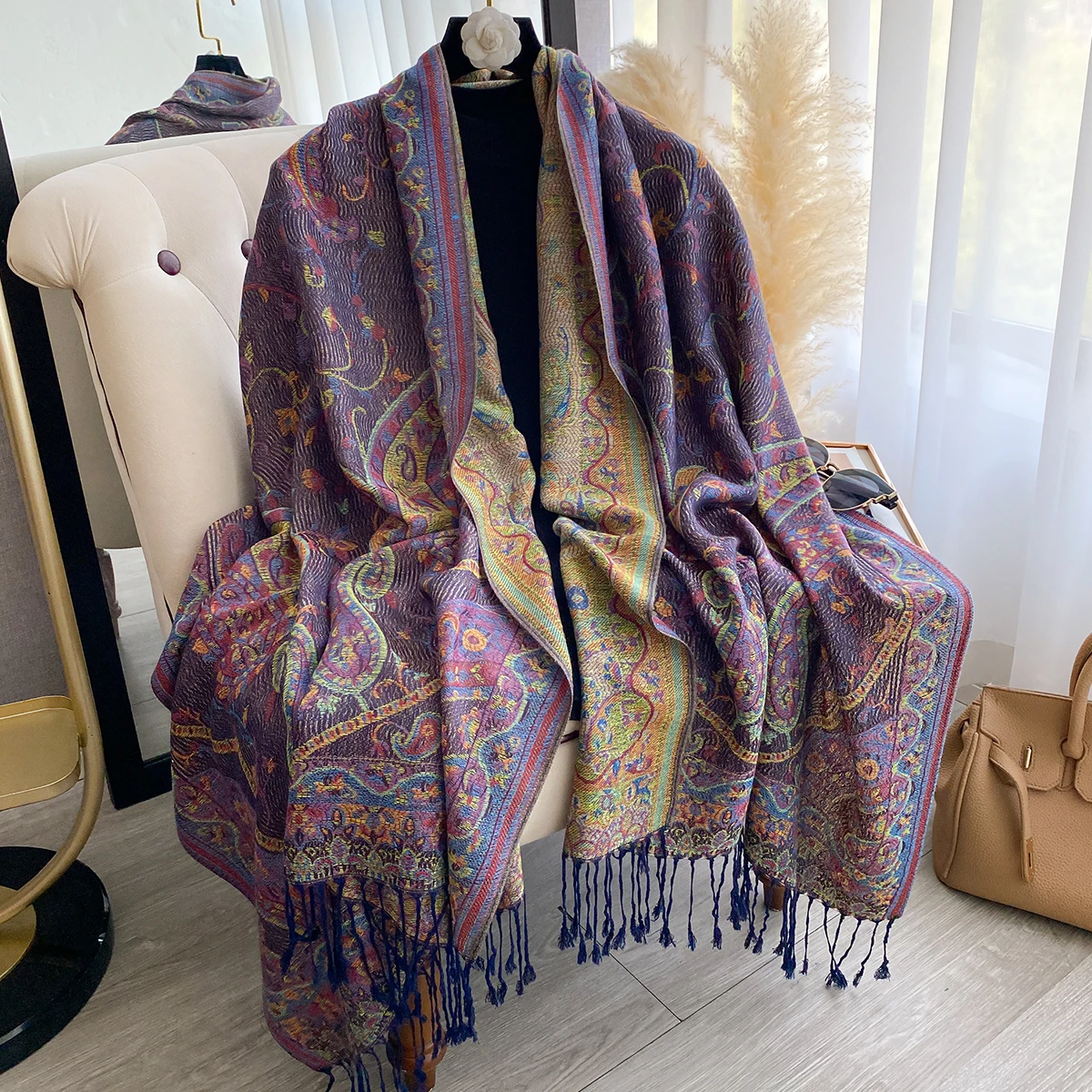 Luxury Winter Women's Cashmere Scarf - Printed Tasseled Embroidered Shawl, Warm Pareo Cape & Elegant Poncho
