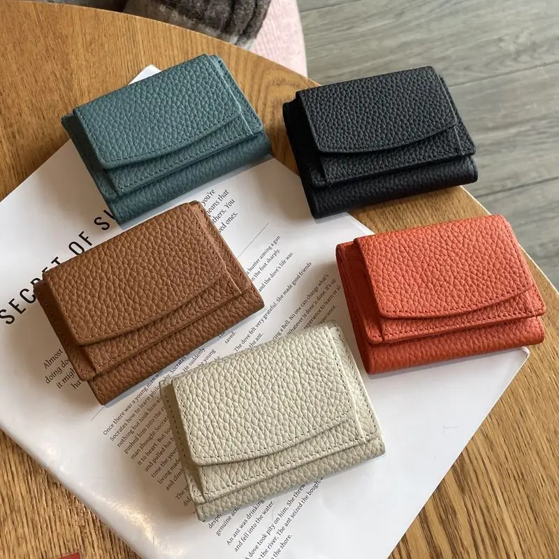 Soft Genuine Leather Simple Pure Color Business Commuting Multifunctional Short Money Card Wallet for Women