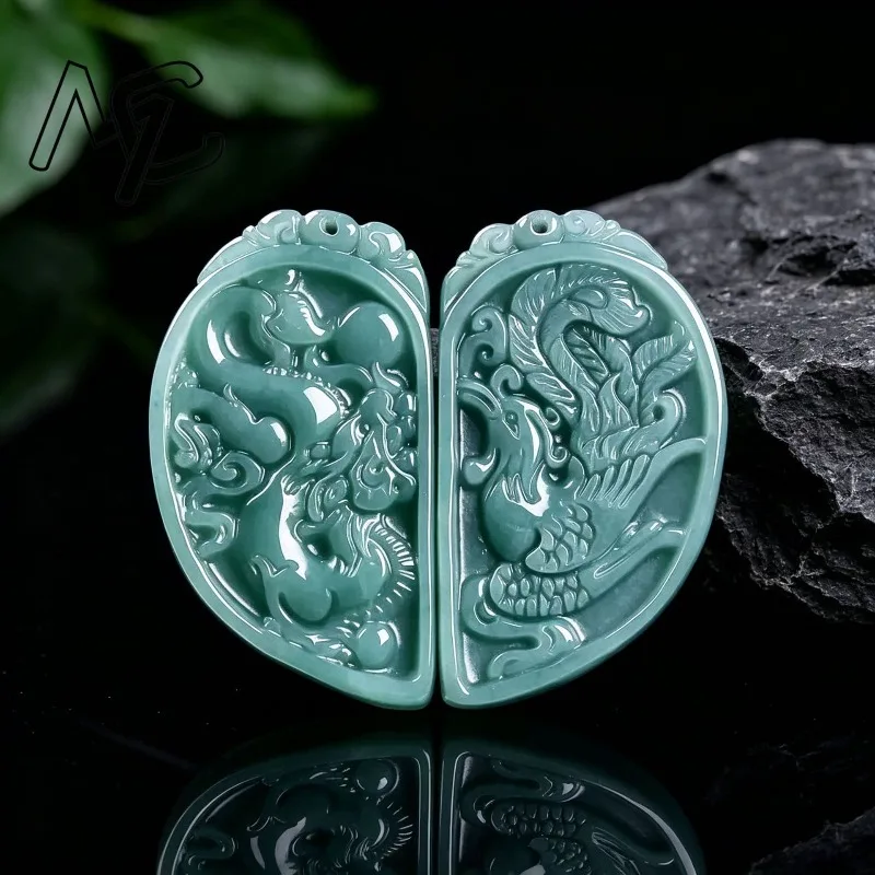 Certified A-Grade Natural Jadeite Dragon Phoenix Couple Pendant Hand Carved Burmese Jade Lucky Amulet Necklace Jewelry Gift - view 3