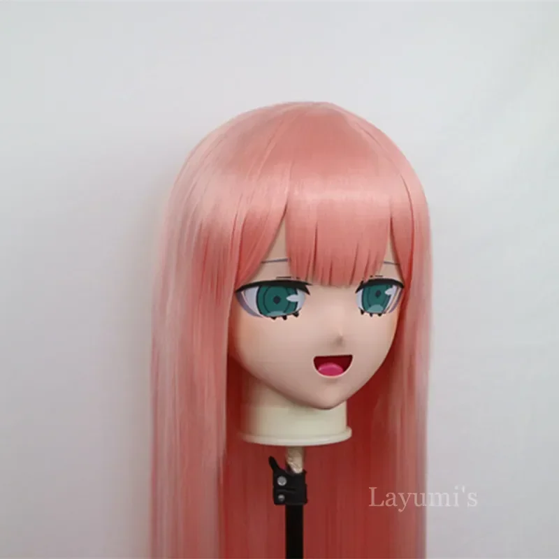 (B59) Customized Lifesize Mask Coser Crossdressing with Backshell Silicone Anime Kigurumi Mask Cosplay with Pink Wig