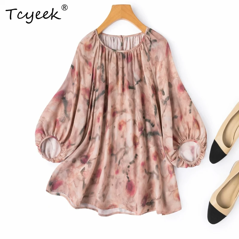 Tcyeek 100% Real Silk Women Tops 2026 Spring Summer French-style Round Neck Lantern Sleeve Loose Top Woman Clothes Ropa De Mujer