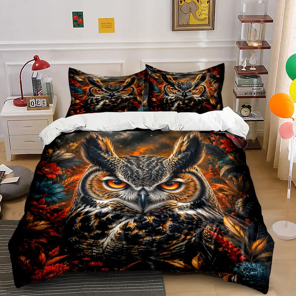 Intense-eyed owl amidst foliage Printed Duvet Cover Set 1 Duvet Cover+2 Pillowcase Multi Size Bedroom Bedding Decoration