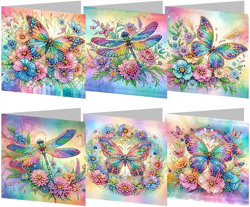 

pigpigboss 6 Packs Butterfly Diamond Painting Greeting Card Kit, Special Shaped Flower Dragonfly Diamond Art Birthday Cards with